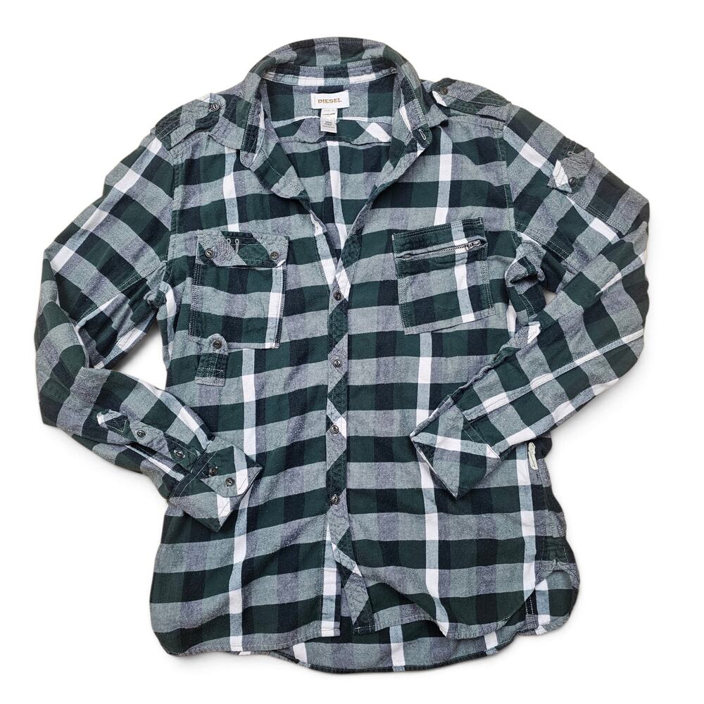DIESEL Plaid Flannel Shirt Mens M Military Utility Zip Pocket Streetwear Grunge